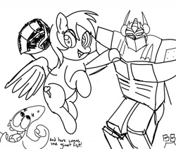 Size: 1280x1080 | Tagged: safe, artist:boxybrown, derpibooru import, ponerpics import, rainbow dash, pegasus, monochrome, optimus prime, patrick star, sketch, spongebob squarepants, transformers