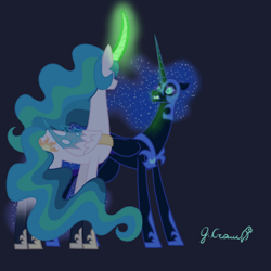 Size: 640x640 | Tagged: safe, artist:jollywolly546, derpibooru import, nightmare moon, princess celestia, alicorn, changeling, pony, curved horn, disguise, disguised changeling, duo, female, frown, glowing, glowing horn, horn, looking at each other, looking at someone, mare, peytral, signature, simple background, tail, teeth, transparent background, wings