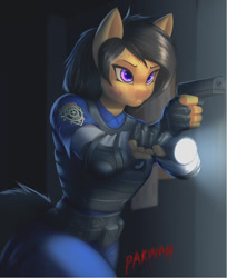 Size: 780x957 | Tagged: safe, artist:pakwan008, derpibooru import, oc, oc only, anthro, earth pony, aiming, body armor, clothes, commission, cosplay, costume, detailed background, digital art, female, fingerless gloves, gloves, gun, handgun, light, police, police officer, police uniform, resident evil, solo, weapon