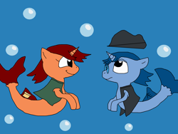 Size: 2000x1500 | Tagged: safe, artist:blazewing, derpibooru import, oc, oc only, oc:syntax, oc:tough cookie, seapony (g4), unicorn, atg 2022, bubble, clothes, colored background, fedora, female, frown, glasses, hat, male, mare, newbie artist training grounds, palindrome get, seaponified, smiling, species swap, stallion, underwater, vest, water