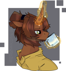 Size: 1122x1202 | Tagged: safe, artist:tired-horse-studios, derpibooru import, oc, oc only, pony, unicorn, bust, clothes, coffee mug, female, magic, mare, mug, portrait, shirt, simple background, solo, transparent background