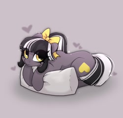 Size: 1654x1595 | Tagged: safe, artist:_alixxie_, derpibooru import, oc, oc only, earth pony, pony, bow, female, gray background, hair bow, heart, looking at you, looking sideways, lying down, mare, pillow, prone, simple background, solo