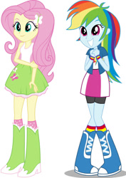 Size: 751x1063 | Tagged: safe, artist:jerrybonds1995, derpibooru import, fluttershy, rainbow dash, equestria girls, boots, clothes, high heel boots, jacket, shirt, shoes, simple background, skirt, socks, solo, white background