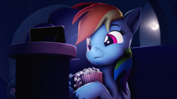 Size: 3840x2160 | Tagged: safe, artist:psfmer, derpibooru import, rainbow dash, pegasus, pony, 3d, cellphone, female, food, high res, mare, phone, popcorn, smartphone, solo, source filmmaker, watching, watching tv