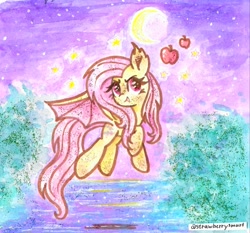 Size: 1561x1453 | Tagged: safe, artist:flutterberrypie, derpibooru import, fluttershy, bat pony, pony, >:), apple, bat ponified, bat wings, bush, female, flutterbat, flying, food, head turned, moon, night, race swap, raised hoof, raised leg, red eyes, solo, species swap, spread wings, stars, traditional art, watercolor painting, wings