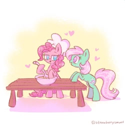 Size: 800x800 | Tagged: safe, artist:flutterberrypie, derpibooru import, pinkie pie, earth pony, pony, baking, bedroom eyes, bowl, chef's hat, female, hat, heart, hooves on the table, ladle, lesbian, looking at each other, looking at someone, mintypie, mixing bowl, raised eyebrows, shipping, smiling, smiling at each other, table