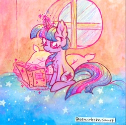 Size: 1030x1024 | Tagged: safe, artist:flutterberrypie, derpibooru import, twilight sparkle, unicorn twilight, pony, unicorn, bed, book, chest fluff, female, levitation, magic, pillow, reading, smiling, solo, telekinesis, traditional art, window