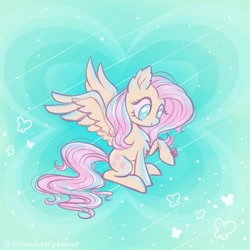 Size: 800x800 | Tagged: safe, artist:flutterberrypie, derpibooru import, fluttershy, insect, ladybug, pegasus, pony, abstract background, chest fluff, ear fluff, ears, female, heart, looking at something, looking down, raised hoof, raised leg, sitting, smiling, solo, spread wings, wings