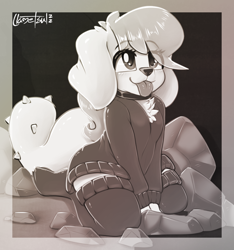 Size: 948x1012 | Tagged: safe, artist:llametsul, derpibooru import, fluttershy, diamond dog, :p, atg 2022, black and white, blushing, chest fluff, clothes, collar, cute, ear fluff, ears, female, female diamond dog, floppy ears, grayscale, kneeling, monochrome, newbie artist training grounds, signature, smiling, socks, solo, species swap, stockings, sweater, thigh highs, tongue, tongue out