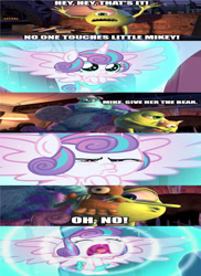 Size: 1280x1754 | Tagged: safe, artist:disneyponyfan, derpibooru import, edit, edited screencap, screencap, princess flurry heart, alicorn, pony, the crystalling, baby, baby pony, comic, crying, female, james p. sullivan, male, mike wazowski, monster, monsters inc., screencap comic, wrong aspect ratio