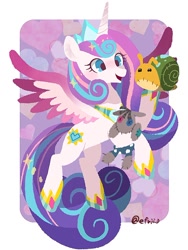 Size: 766x1021 | Tagged: safe, artist:efuji_d, derpibooru import, princess flurry heart, smarty pants, whammy, alicorn, pony, adult flurry heart, doll, female, heart, heart background, horn, jewelry, mare, older, older flurry heart, regalia, simple background, spread wings, toy, white background, wings