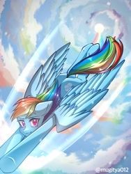 Size: 768x1024 | Tagged: safe, artist:mugitya012, derpibooru import, rainbow dash, pegasus, pony, cloud, female, flying, looking at you, mare, rainbow, sky, solo, sun, wings