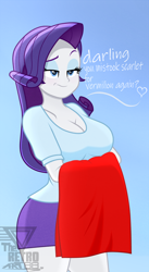 Size: 1700x3104 | Tagged: safe, artist:theretroart88, derpibooru import, rarity, equestria girls, breasts, cleavage, clothes, darling, disappointed, fabric, female, raritits, short skirt, skirt, solo