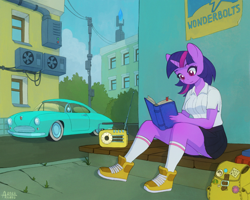 Size: 2000x1600 | Tagged: safe, artist:asimos, derpibooru import, twilight sparkle, unicorn twilight, anthro, plantigrade anthro, unicorn, backpack, book, car, clothes, female, mare, no tail, radio, reading, shoes, sitting, skirt, socks, student