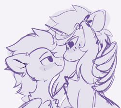 Size: 747x663 | Tagged: safe, artist:little-sketches, derpibooru import, oc, oc only, oc:pixel codec, oc:raiko, pegasus, pony, unicorn, blushing, chest fluff, gay, horn, looking at each other, looking at someone, male, pegasus oc, simple background, sketch, stallion, unicorn oc, wings