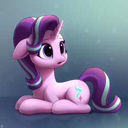 Size: 2000x2000 | Tagged: safe, artist:luminousdazzle, derpibooru import, starlight glimmer, pony, unicorn, g4, :o, cute, ears, female, floppy ears, glimmerbetes, high res, lying down, mare, multicolored mane, open mouth, prone, simple background, solo