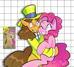 Size: 1449x1317 | Tagged: safe, artist:stevetwisp, derpibooru import, screencap, cheese sandwich, pinkie pie, earth pony, pony, the last laugh, :3, bipedal, blushing, carrying, cheesepie, clothes, female, happy, hat, male, one eye closed, scene interpretation, screencap reference, shipping, smiling, straight, suit, top hat, wavy mouth, wink
