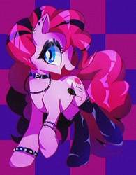 Size: 1460x1875 | Tagged: safe, artist:stacy_165cut, derpibooru import, pinkie pie, earth pony, pony, bracelet, chains, choker, clothes, ear piercing, earring, eyeshadow, female, hair dye, jewelry, looking at you, makeup, mare, open mouth, piercing, pinkie pie's boutique, raised hoof, raised leg, solo, tiled background