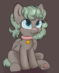 Size: 2170x2647 | Tagged: safe, artist:dumbwoofer, derpibooru import, oc, oc:forest air, pegasus, pony, collar, cute, female, filly, foal, heart, heart hoof, looking at you, pet play, simple background, sitting, smiling, solo, text, underhoof