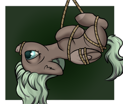 Size: 2600x2200 | Tagged: safe, artist:dumbwoofer, derpibooru import, oc, oc:forest air, pegasus, pony, blank flank, bondage, ear fluff, ears, female, filly, foal, mane dye, rope, rope bondage, side view, simple background, solo, teenager, tied up, upside down