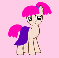 Size: 1119x1100 | Tagged: safe, artist:disneyponyfan, derpibooru import, earth pony, pony, g4, black sclera, clothes, crossover, female, mare, pink background, pink hair, pink mane, pink tail, pinky dinky doo, pinky dinky doo (character), ponified, ponytail, pride, purple skirt, simple background, skirt, smiling, solo, tail