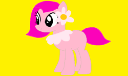Size: 1260x748 | Tagged: safe, artist:disneyponyfan, derpibooru import, earth pony, pony, g4, black sclera, female, flower, flower bubble, flower on ear, foofa, mare, ms paint, pink coat, pink hair, pink mane, pink tail, ponified, simple background, smiling, solo, tail, yellow background, yo gabba gabba
