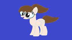 Size: 1280x728 | Tagged: safe, artist:disneyponyfan, derpibooru import, pegasus, pony, g4, aliza, black sclera, blue background, brown hair, brown mane, brown tail, female, folded wings, glasses, mare, open mouth, open smile, ponified, ponytail, simple background, smiling, solo, tail, wings, wordgirl