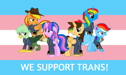 Size: 1024x614 | Tagged: safe, artist:ponygamer2020, oc, oc only, oc:ej, oc:firey ratchet, oc:gregory griffin, oc:hsu amity, oc:rainbow eevee, oc:shield wing, alicorn, griffon, pegasus, pony, fallout equestria, :t, alicorn oc, amityverse, bracelet, chest fluff, clothes, cute, ears, eevee, eevee pony, fallout, female, floppy ears, folded wings, full body, glasses, griffon oc, group, happy, hat, horn, jewelry, jumpsuit, looking at you, looking down, male, mare, multicolored hair, multicolored mane, multicolored tail, not twilight sparkle, pink eyes, pipboy, pokémon, ponytail, purple eyes, rainbow hair, show accurate, smiling, smiling at you, stallion, standing, tail, transgender pride flag, vault suit, vector, wings