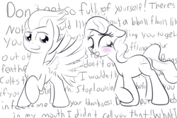 Size: 2400x1600 | Tagged: safe, artist:cosmonaut, derpibooru import, diamond tiara, rumble, earth pony, pegasus, pony, blushing, colt, dialogue, female, filly, foal, high res, male, monochrome, partial color, shipping, straight, tiarumble, tsundere