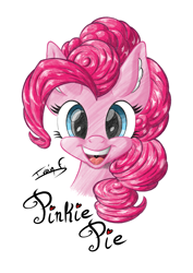 Size: 2481x3508 | Tagged: safe, artist:memprices, derpibooru import, pinkie pie, earth pony, pony, bust, digital art, high res, looking at you, open mouth, open smile, pencil drawing, simple background, smiling, solo, traditional art, white background