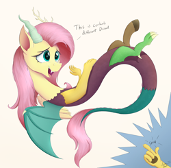 Size: 2000x1959 | Tagged: safe, artist:arcane-thunder, derpibooru import, discord, fluttershy, draconequus, atg 2022, dialogue, draconequified, english, fangs, finger snap, flutterequus, high res, newbie artist training grounds, offscreen character, open mouth, simple background, snap, solo focus, species swap, transformation, white background