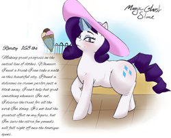 Size: 4204x3396 | Tagged: safe, artist:magicghostslime, derpibooru import, rarity, pony, unicorn, series:rarity journey to opulence, canterlot, chubby, diary, female, food, glowing, glowing horn, hat, high res, horn, ice cream, ice cream cone, magic, magic aura, mare, outdoors, raised hoof, raised leg, solo, sun hat, telekinesis, weight gain, weight gain sequence