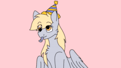 Size: 1280x720 | Tagged: safe, artist:valkiria, derpibooru import, derpy hooves, pegasus, pony, animated, blushing, chest fluff, cute, derpabetes, food, frame by frame, hat, heart, heart eyes, muffin, party hat, party horn, pink background, simple background, solo, wingding eyes