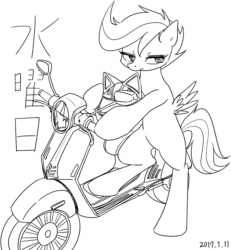 Size: 750x810 | Tagged: safe, artist:tangankittentail, derpibooru import, scootaloo, pegasus, semi-anthro, black and white, female, grayscale, helmet, japanese, monochrome, motorcycle, simple background, solo, white background, wings