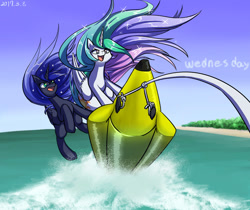 Size: 1000x840 | Tagged: safe, artist:tangankittentail, derpibooru import, princess celestia, princess luna, alicorn, pony, banana boat, beach, boat, duo, duo female, ethereal mane, ethereal tail, female, folded wings, horn, mare, open mouth, royal sisters, siblings, sisters, starry mane, starry tail, tail, water, windswept mane, wings