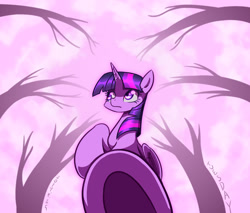 Size: 980x835 | Tagged: safe, artist:tangankittentail, derpibooru import, twilight sparkle, twilight sparkle (alicorn), alicorn, pony, female, folded wings, horn, mare, raised hoof, raised leg, sky, solo, tree, underhoof, wings