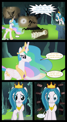 Size: 1280x2300 | Tagged: safe, artist:bigsnusnu, derpibooru import, nightmare moon, princess celestia, oc, oc:crystal lis, alicorn, earth pony, pony, comic:dusk shine in pursuit of happiness, acorn, angry, blank eyes, cave, cavern, crown, crying, cutie mark, flashback, heartbreak, insanity, jewelry, liar, moon, necklace, regalia, scared, smiling, sniffing, teary eyes, yelling