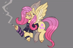 Size: 4134x2756 | Tagged: safe, artist:mxmx fw, derpibooru import, fluttershy, pegasus, pony, bloodshot eyes, cigarette, clothes, drug use, drugs, ear fluff, ear piercing, ears, emo, eyelashes, female, flutterhigh, flying, high, lidded eyes, magnetic hooves, my chemical romance, piercing, shirt, simple background, smoking, solo, spiked wristband, stoned, wristband