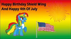 Size: 1280x699 | Tagged: safe, artist:ncolque, derpibooru import, oc, oc only, oc:shield wing, 4th of july, american flag, fireworks, gradient background, holiday, solo, united states
