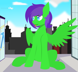 Size: 4509x4184 | Tagged: safe, artist:samsailz, derpibooru import, oc, oc only, oc:raulix evergreen, pegasus, :p, building, city, macro, pegasus oc, raffle prize, spread wings, tongue, tongue out, wings