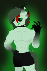 Size: 1302x1932 | Tagged: safe, artist:samsailz, derpibooru import, oc, oc:cy, anthro, demon, demon pony, pony, undead, zombie, zombie pony, claws, clothes, collar, fetish, male, muscle fetish, muscles, muscular male, partial nudity, scar, sexy, shorts