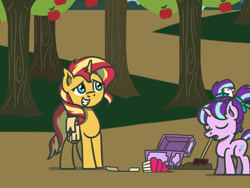 Size: 1800x1350 | Tagged: safe, artist:flutterluv, derpibooru import, part of a series, part of a set, starlight glimmer, sunset shimmer, mouse, pony, unicorn, age regression, apple, apple tree, atg 2022, bag, cupcake, duo, female, filly, filly starlight glimmer, foal, food, newbie artist training grounds, saddle bag, shovel, treasure chest, tree, younger