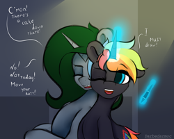 Size: 2560x2048 | Tagged: safe, artist:darbedarmoc, derpibooru import, oc, oc:minerva, oc:rainbow fire, pony, unicorn, cutie mark, dialogue, horn, magic, pen, piercing