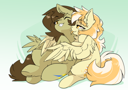 Size: 3508x2480 | Tagged: safe, artist:arctic-fox, derpibooru import, oc, oc only, oc:orange cream, oc:static spark, pegasus, pony, hug, hug from behind, looking at each other, looking at someone, mlem, silly, smiling, tongue, tongue out, winghug, wings