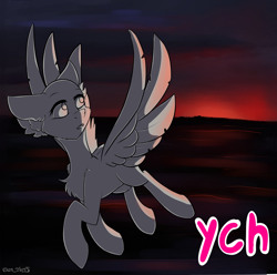 Size: 2707x2681 | Tagged: safe, artist:yuris, derpibooru import, oc, oc only, pony, advertisement, auction, commission, cute, flight, sky, solo, spread wings, sunset, wings, ych sketch, your character here