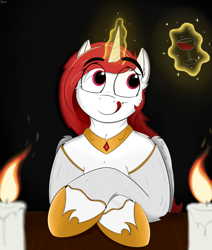 Size: 1920x2261 | Tagged: safe, artist:rapid9, derpibooru import, princess celestia, alicorn, alcohol, black background, candle, darkness, fire, hoof shoes, magic, magic aura, redesign, simple background, solo, tongue, tongue out, wine