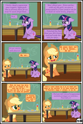 Size: 1600x2379 | Tagged: safe, artist:gutovi, derpibooru import, applejack, twilight sparkle, twilight sparkle (alicorn), alicorn, earth pony, pony, comic:why me!?, alternate ending, apple, apple juice, comic, female, food, hat, high res, juice, lesbian, mare, shipping, show accurate, sweet apple acres, table, twijack