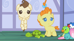 Size: 1280x720 | Tagged: safe, derpibooru import, screencap, pound cake, pumpkin cake, pegasus, unicorn, baby cakes, baby ponies, cake twins, duo, fraternal twins, guilty, siblings, toy, twins