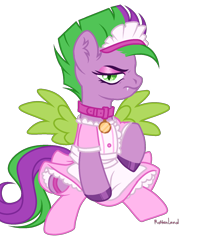 Size: 1200x1498 | Tagged: safe, alternate version, artist:kawaiizhele, derpibooru import, spike, pegasus, pony, clothes, collar, crossdressing, eyeshadow, fake eyelashes, femboy, garter belt, maid, maid headdress, makeup, male, ponified, ponified spike, simple background, solo, species swap, spike is not amused, stallion, stockings, thigh highs, transparent background, unamused