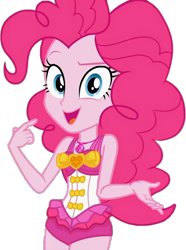 Size: 2200x2957 | Tagged: safe, artist:gameboss375, derpibooru import, pinkie pie, better together, equestria girls, i'm on a yacht, bare shoulders, clothes, female, looking at you, one-piece swimsuit, open mouth, pinkie pie swimsuit, simple background, sleeveless, solo, swimsuit, transparent background